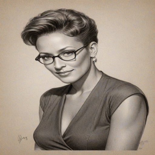 Gorgeous Robin Roberts, pencil sketch, portrait of Splendid woman 1936s in glasses, hair style beatnik, outline, clear lines, fine lines, 8k