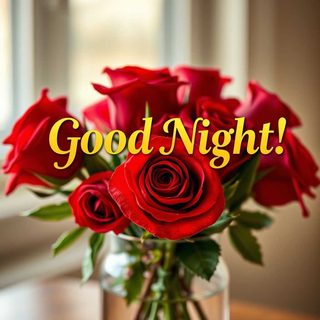 Create an image with the text "Good Night!" in golden Garamond font, placed atop a delicate vase filled with vibrant red roses, with soft focus and warm lighting effects.