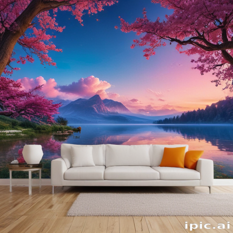 Serene Landscape with Cherry Blossoms and Tranquil Lake at Sunset