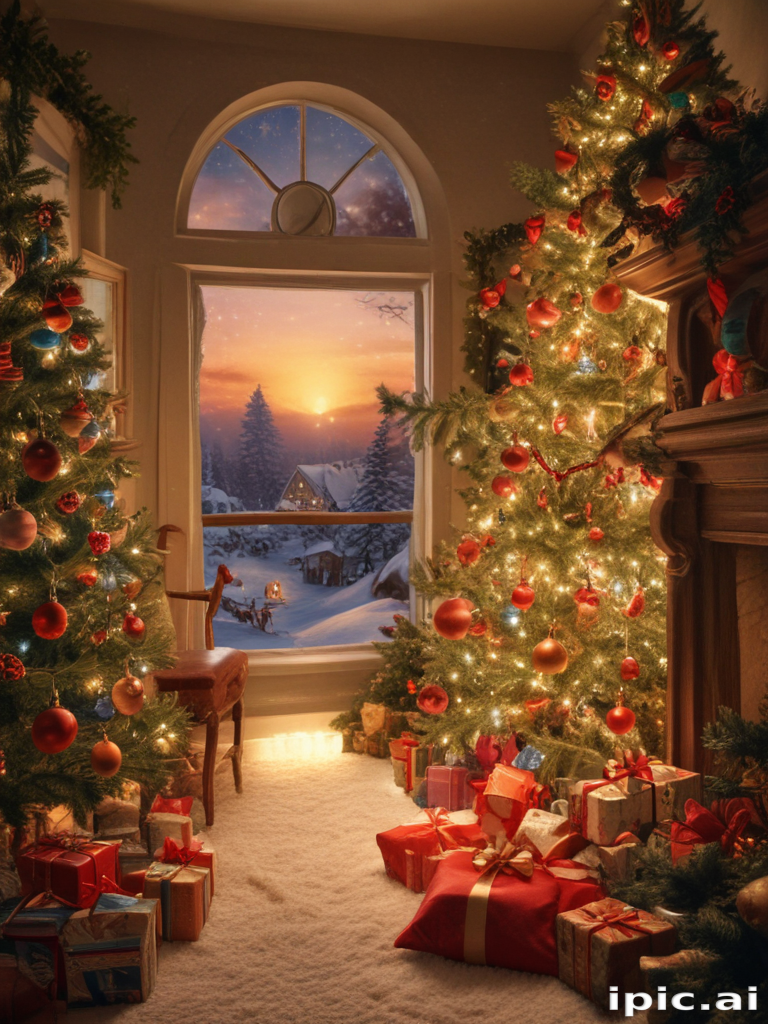 A Cozy Holiday Scene with Decorated Christmas Trees and Gifts Galore.