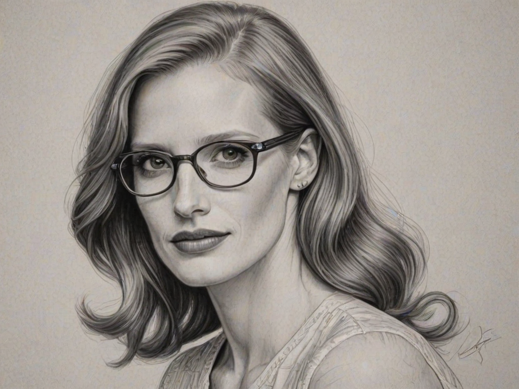 Wonderful Jessica Chastain, pencil sketch, portrait of Enchanting woman 1962s in glasses, hair style beatnik, outline, clear lines, fine lines, 8k
