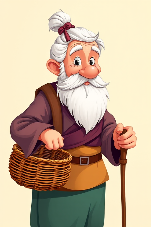 Create a vibrant cartoonish illustration of a wise old man with a long white beard and a bun hairstyle, holding a woven basket and a cane, against a soft, light background, using a Canon EOS R5 camera with a 50mm f/1.2 lens, aperture at f/1.8, ISO 100, and a shallow depth of field for enhanced image quality.