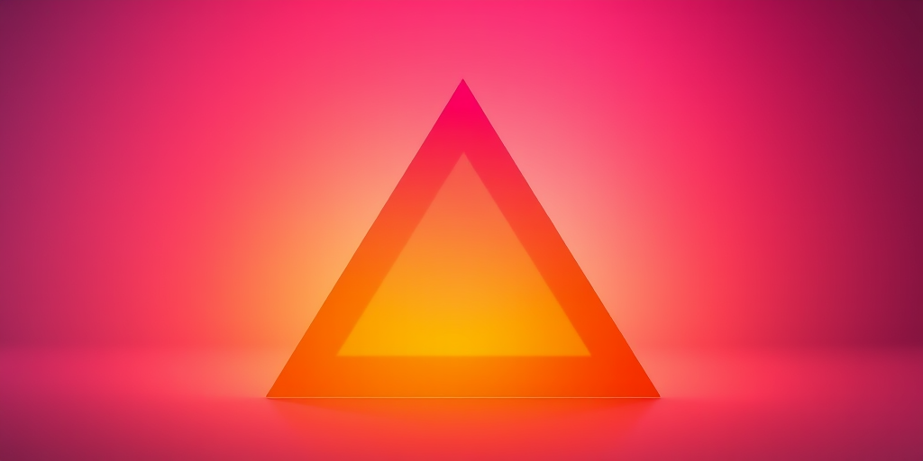 Create a smooth, modern 3D triangular shape with a gradient blend of deep pink, orange, and yellow colors, captured with a DSLR camera at f/2.8, ISO 200, 50mm lens, from a low angle view, using soft lighting to enhance the vibrant colors and highlights.