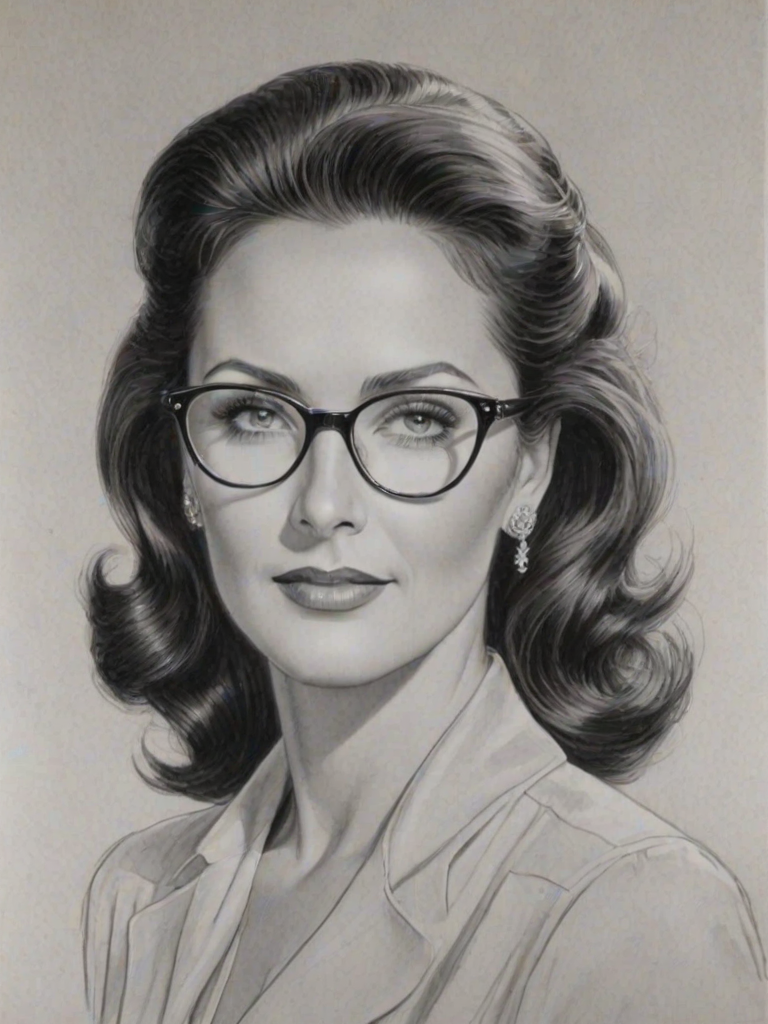 Elegant Lynda Carter, pencil sketch, portrait of Ravishing woman 1930s in glasses, hair style beatnik, outline, clear lines, fine lines, 8k