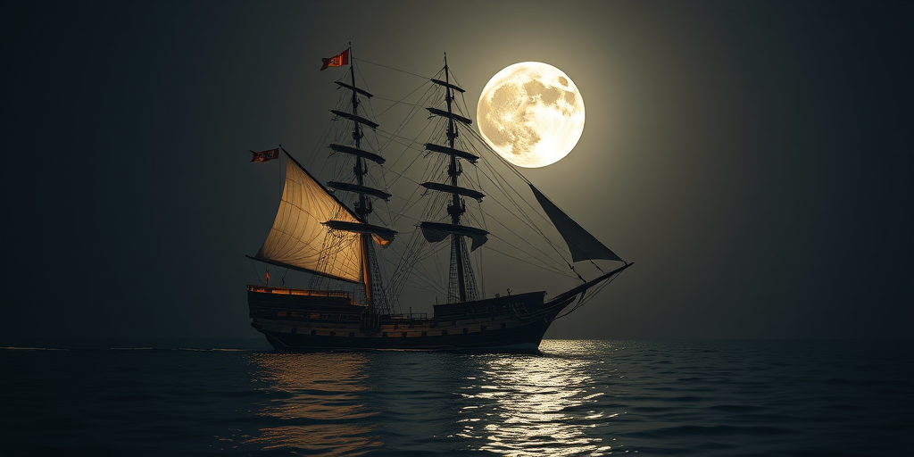 Create a high-resolution image of an intricately designed sailing ship at night on calm waters under a large, full moon, using a DSLR camera with a 50mm lens, aperture set to f/2.8, ISO 100, and a long exposure of 10 seconds for enhanced detail and clarity.