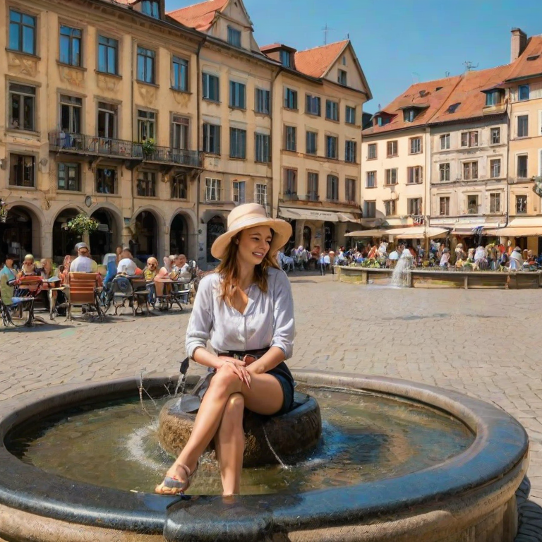Charming European town square, with a fountain in the center, a woman with a wide-brimmed hat sits on the fountain's edge, enjoying the sunshine.