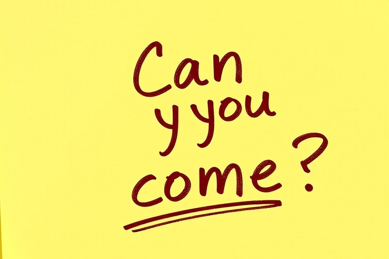 Yellow post-it note, hand written in brown pen text "Can you come??", 3d, hd, hyper realistic,