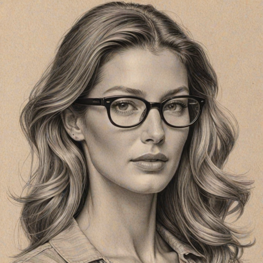 Ravishing Gisele B'ndchen, pencil sketch, portrait of Sublime woman 1946s in glasses, hair style beatnik, outline, clear lines, fine lines, 8k