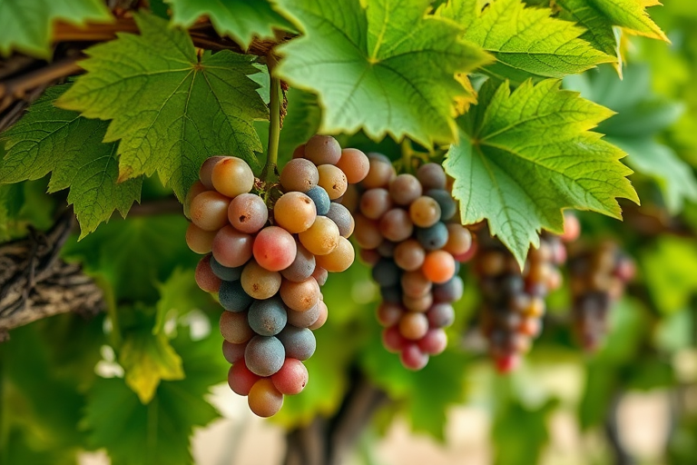 Capture a close-up shot of a grapevine with clusters of ripe grapes hanging from lush green leaves, use a DSLR camera with a 50mm lens, aperture set to f/2.8 for a shallow depth of field, ISO 200, natural light, and a slightly angled view for depth.