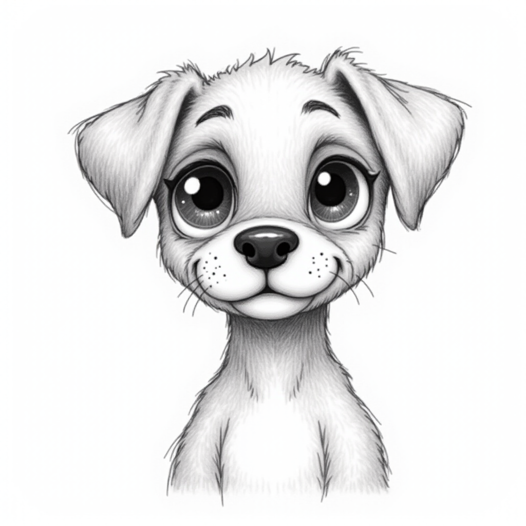 A doodle style pencil sketch illustration of a beautiful young Boxer dog, with large eyes and exaggerated facial features. White background