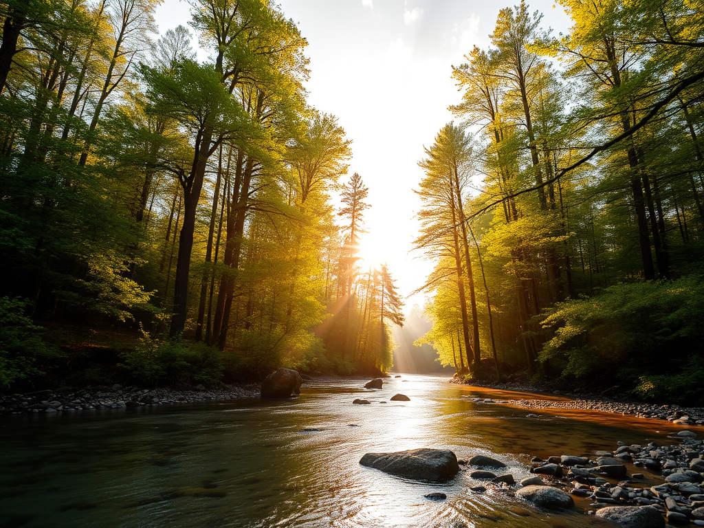 Create an image of a serene, sunlit forest scene with a clear, gently flowing river. Tall trees with lush green foliage line both sides of the river, their leaves bathed in the warm golden light of the setting or rising sun. The sunlight filters through the trees, casting soft, dappled light on the river, which flows over smooth rocks and pebbles, creating a peaceful, natural atmosphere. The sky is bright with a few scattered clouds, and the overall mood is tranquil, evoking a deep sense of connection with nature. The image captures the beauty of a calm, pristine forest landscape at either dawn or dusk.