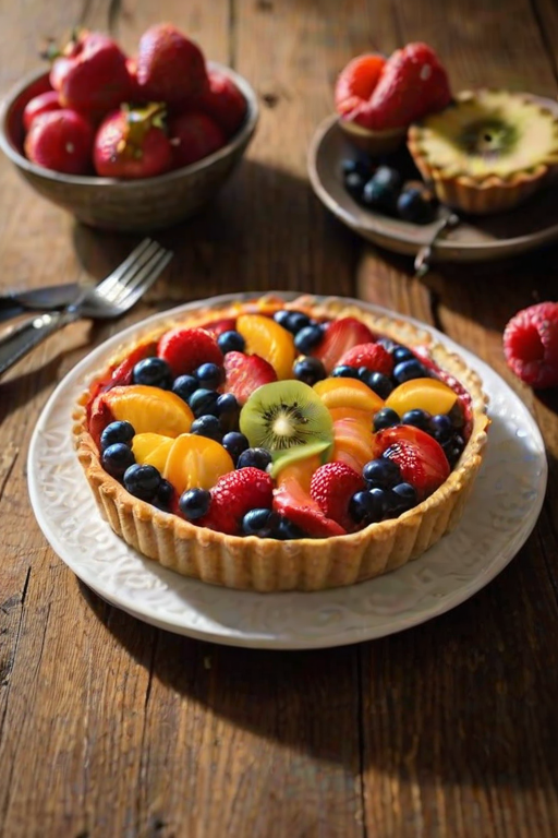 Warmly lit photo of a colorful fruit tart on a rustic wooden table, with soft natural light highlighting the glossy fruit and a fork resting beside it.