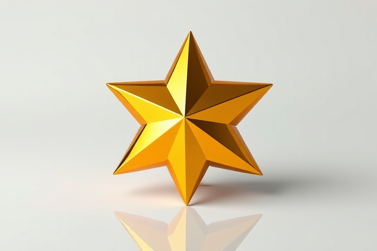 Generate a 3D golden star with sharp edges and a reflective surface, captured in vibrant detail using a DSLR camera with a 50mm lens, aperture set to f/2.8, ISO 100, in a soft diffused lighting environment to enhance depth and highlights, focusing on a clean white background.