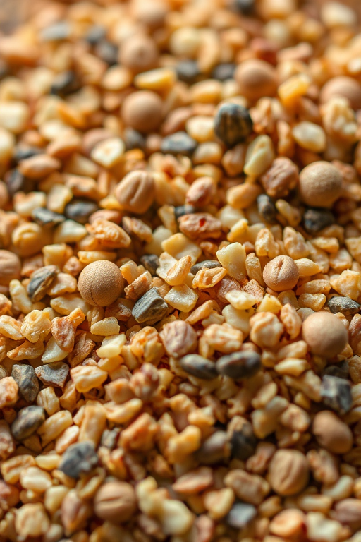 Capture a close-up shot of a texture of assorted grains, using a DSLR camera, ISO 100, aperture f/2.8, shutter speed 1/200s, natural lighting, macro lens, with a shallow depth of field to enhance the intricate details and colors.