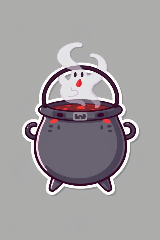 design a kawaii Cheeky cauldron sticker, 3d digital art, grey background, sticker line weight