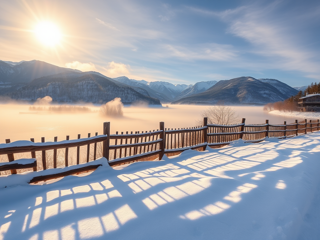 winter landscape with a wooden fence covered in snow, sun shining brightly above mountains, mist rising from a river, shot with a Canon EOS R5, 24mm wide-angle lens, f/8 aperture, ISO 100, HDR style, golden hour lighting