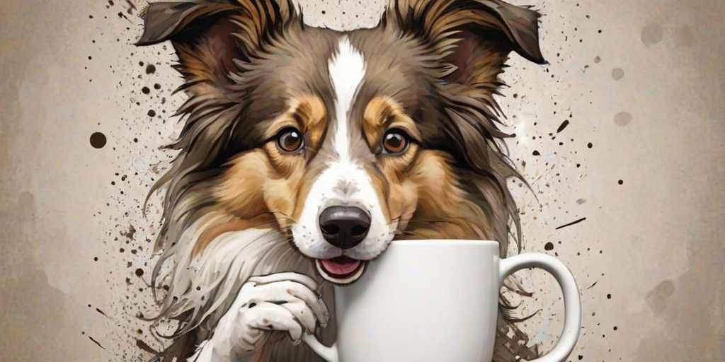 A quirky, artistic illustration of a disheveled collie dog breed with exaggerated, large eyes and spiky fur, holding a coffee mug that reads "Good Morning". The dog has a tired but humorous expression, with ink splatters and abstract details surrounding it, giving a whimsical feel to the image. The color palette is mostly monochrome with hints of brown in the eyes and steam rising from the mug, enhancing the overall sleepy vibe