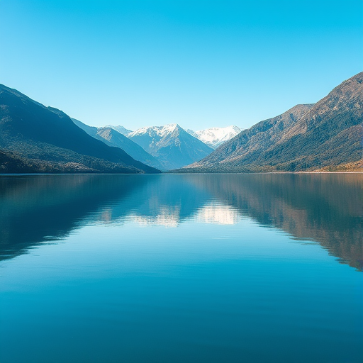Create a high-resolution image of a serene landscape featuring a calm lake surrounded by mountains under a clear blue sky, using a DSLR camera with a 24mm lens at f/8, ISO 100, and a shutter speed of 1/250s, shot from a slightly elevated angle to capture the reflection in the water.