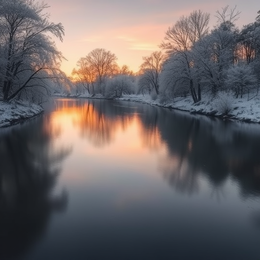 Capture a serene winter river scene at dawn with frosty trees reflecting on the smooth water, DSLR camera, aperture f/8, shutter speed 1/125 sec, ISO 100, wide-angle lens, soft focus, high dynamic range.