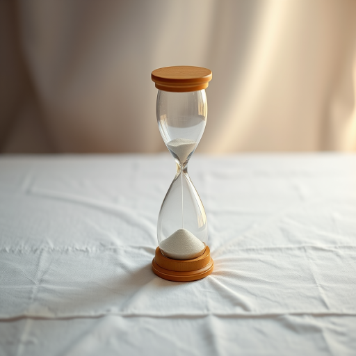 Create a photorealistic image of an hourglass on a white tablecloth with a soft gradient background, using a Canon EOS R5 with a 50mm f/1.2 lens, ISO 100, aperture f/2.8, and a focal length of 50mm, capturing warm lighting and a slight overhead angle for enhanced depth and detail.