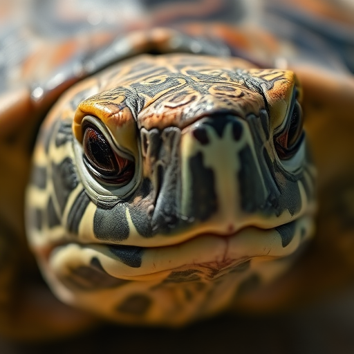 Close-up of a turtle's head with detailed texture, natural lighting, 50mm lens, f/2.8 aperture, ISO 200, focus on the eyes, macro photography, DSLR camera.