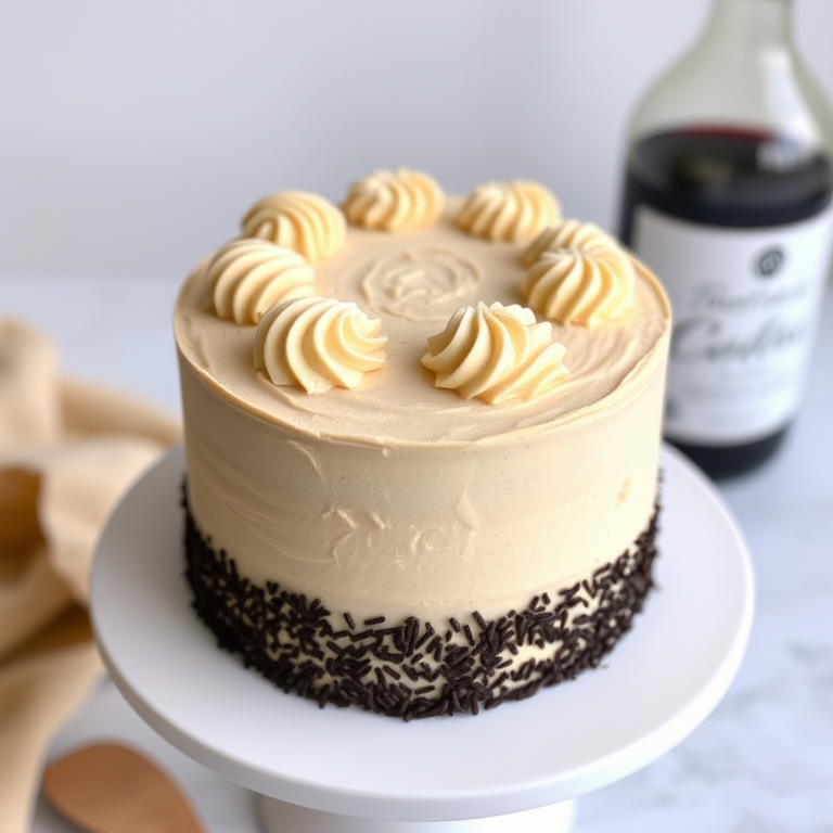 A round cake with a smooth beige frosting decorated with swirls on top and chocolate sprinkles around the base, placed on a white cake stand with a blurred bottle in the background.