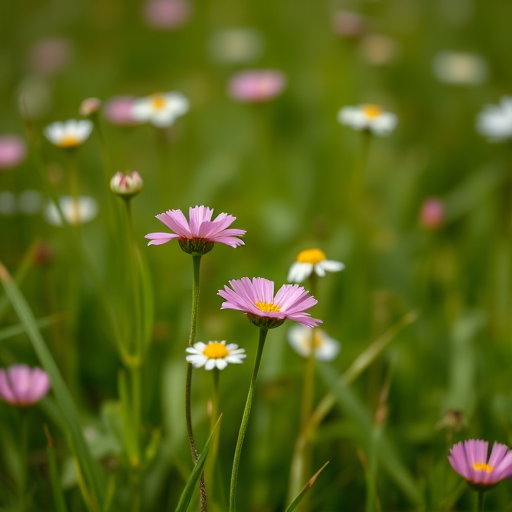 macro shot of pink and white wildflowers in a lush green field, aperture f/2.8, shutter speed 1/200s, ISO 100, taken with a DSLR camera, natural daylight, shallow depth of field