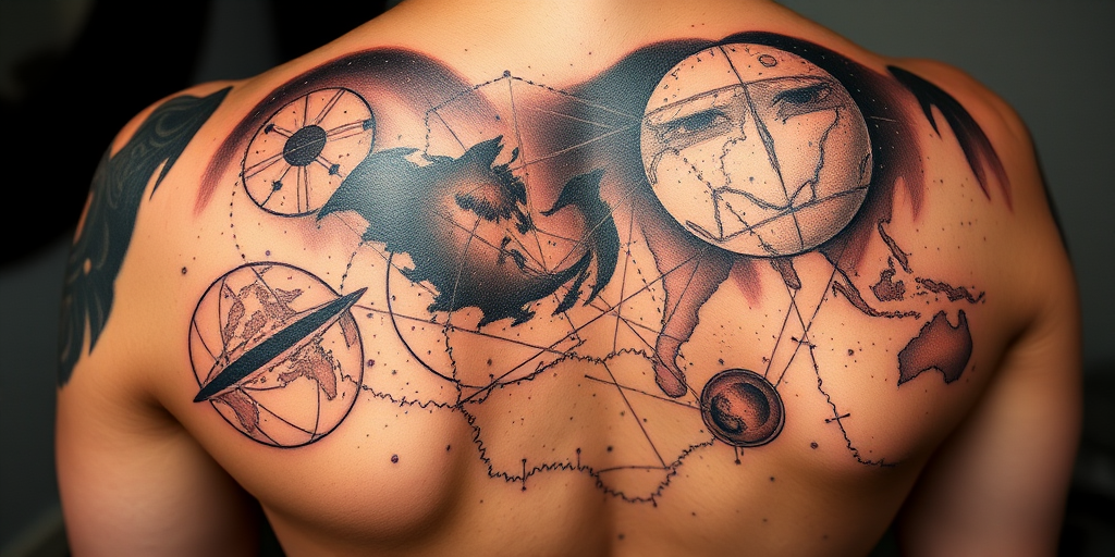 Intricate dotwork tattoo titled "Celestial Cartography" depicting a detailed star map of the night sky, with constellations connected by fine lines and celestial bodies rendered in meticulous stippling, incorporating subtle gradients to suggest depth and cosmic vastness, perfect for a full back piece