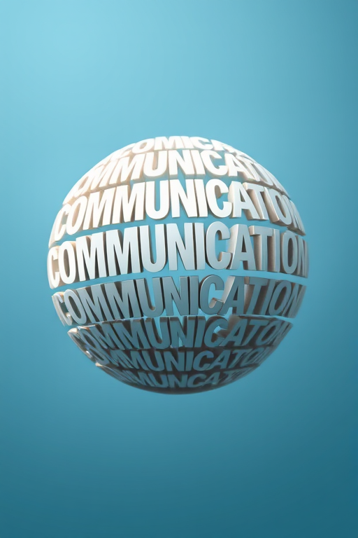 Create a 3D spherical text design with the word "COMMUNICATION" repeated in various sizes and orientations, using a Canon EOS R5 camera with a 50mm lens at f/2.8, ISO 100, and a shutter speed of 1/125s; set against a soft gradient blue background with a slight bokeh effect.
