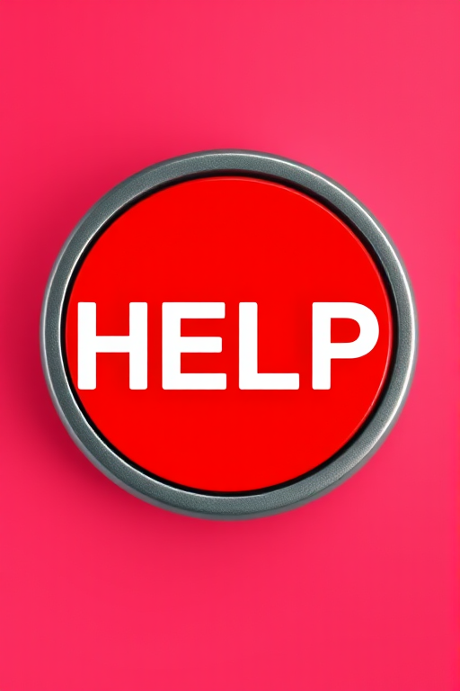 Create a high-resolution image of a red help button with the word "HELP" in bold white letters, use a DSLR camera, f-stop of f/2.8, ISO 100, 50mm lens, shot from a top-down angle with soft lighting to enhance details and reduce shadows.