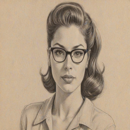 Charming Eve Mendes, pencil sketch, portrait of Pleasing woman 1951s in glasses, hair style beatnik, outline, clear lines, fine lines, 8k