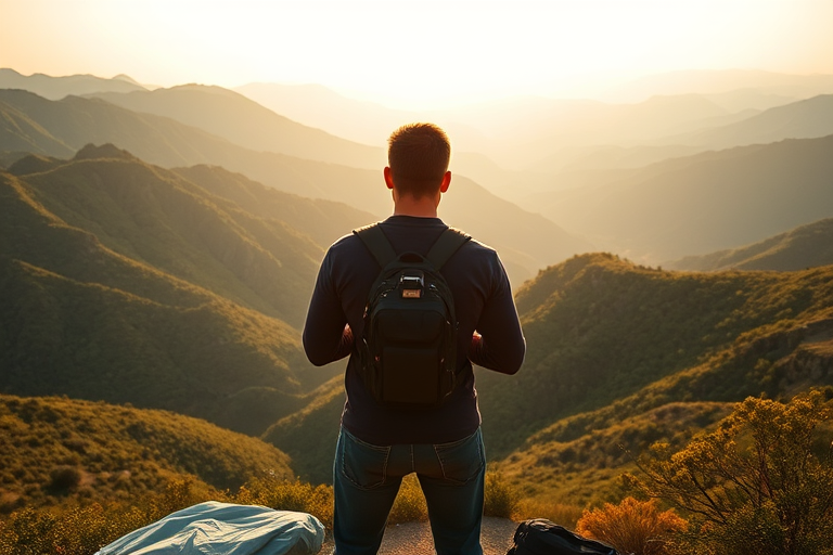 Capture a photographer standing on a mountain overlook with a camera, surrounded by lush green mountains under a soft golden hour light, using a DSLR camera with a 35mm lens, aperture f/4, ISO 100, and a slightly elevated angle to emphasize the landscape.