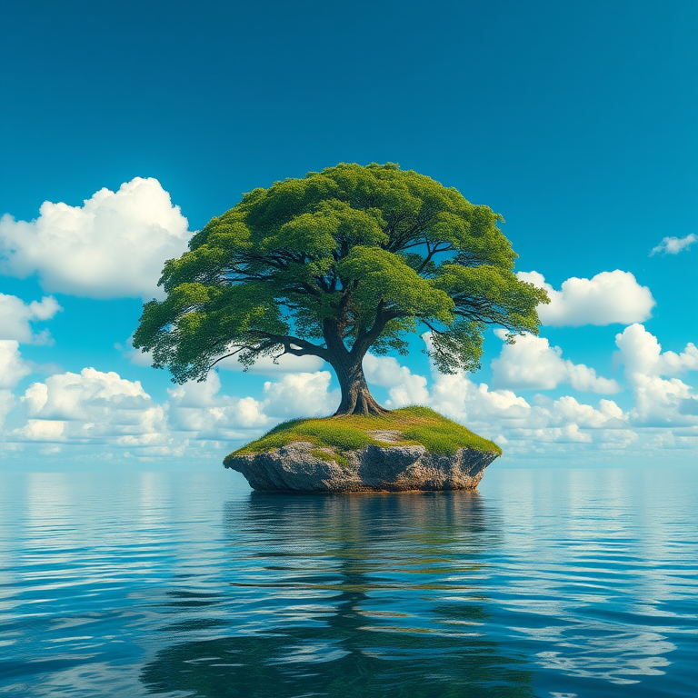 create a hyper-realistic image of a majestic floating tree on a small island surrounded by calm waters and fluffy clouds in a bright blue sky, camera settings: f/8 aperture, ISO 100, 1/200s exposure, camera view: wide-angle, camera style: vibrant colors, camera type: digital SLR