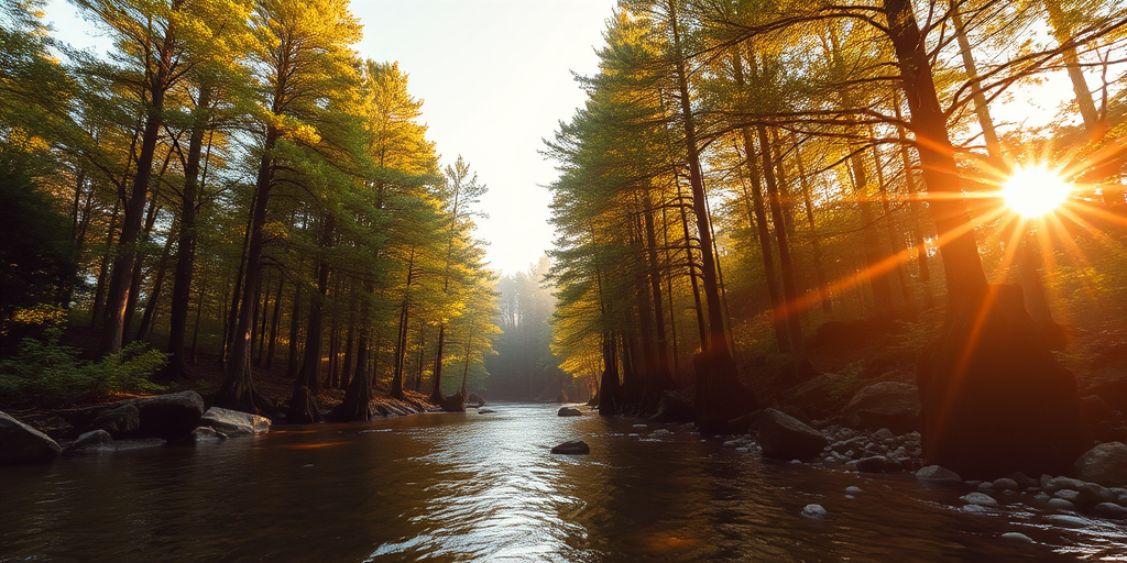 Create an image of a serene, sunlit forest scene with a clear, gently flowing river. Tall trees with lush green foliage line both sides of the river, their leaves bathed in the warm golden light of the setting or rising sun. The sunlight filters through the trees, casting soft, dappled light on the river, which flows over smooth rocks and pebbles, creating a peaceful, natural atmosphere. The sky is bright with a few scattered clouds, and the overall mood is tranquil, evoking a deep sense of connection with nature. The image captures the beauty of a calm, pristine forest landscape at either dawn or dusk.