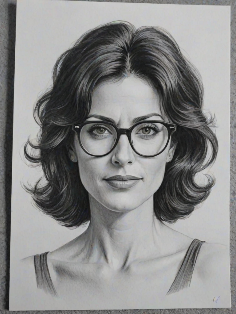 Magnificent Lisa Edelstein, pencil sketch, portrait of Magnificent woman 1961s in glasses, hair style beatnik, outline, clear lines, fine lines, 8k