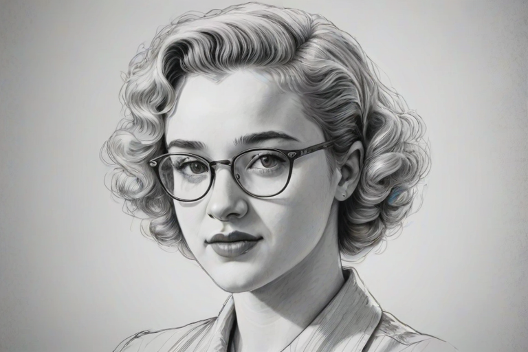 Charming Julia Garner, pencil sketch, portrait of Attractive woman 1948s in glasses, hair style beatnik, outline, clear lines, fine lines, 8k