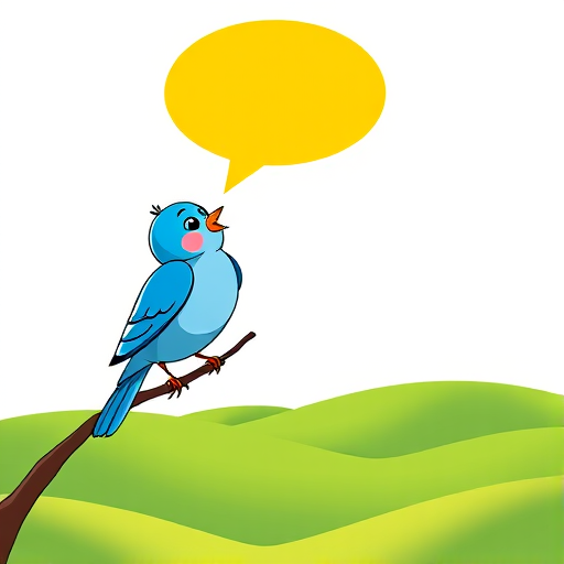 A vibrant cartoon-style illustration of a blue bird perched on a branch, singing, with a bright yellow speech bubble, set against a clean white background with rolling green hills, shot with a Canon EOS R5, 50mm lens, f/2.8 aperture, ISO 100, top-down perspective, and enhanced colors.
