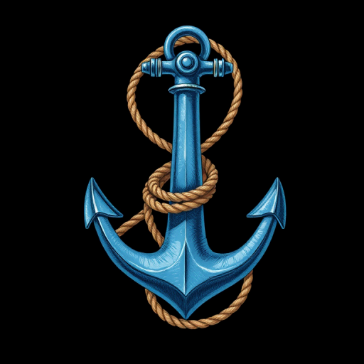 Create a detailed illustration of a blue anchor wrapped with a rope against a solid black background, using a DSLR camera setup with a 50mm lens, aperture f/2.8, ISO 100, and a soft focus effect to enhance clarity and texture.