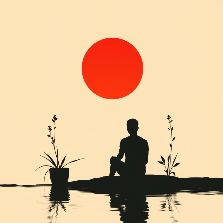 Create a minimalist artwork featuring a silhouette of a person sitting by the water with two plants on either side, against a large red sun in a soft beige background, captured with a Canon EOS R5, 50mm lens, f/1.8 aperture, ISO 100, natural light, focusing on colors and shapes for a harmonious composition.