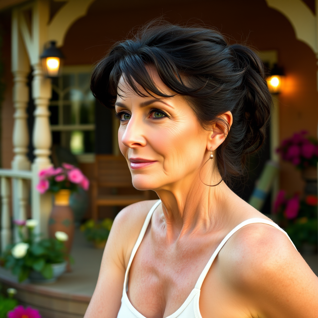 A photo of Glenn Close with a background of a cozy porch. She has dark hair pulled back in an updo, with tendrils framing her face. She wears a white tank top and sits on the porch. The porch is part of a well-lit home with a warm, earthy tone and colorful flowers and foliage. The overall scene has a warm, welcoming, and comfortable ambiance.