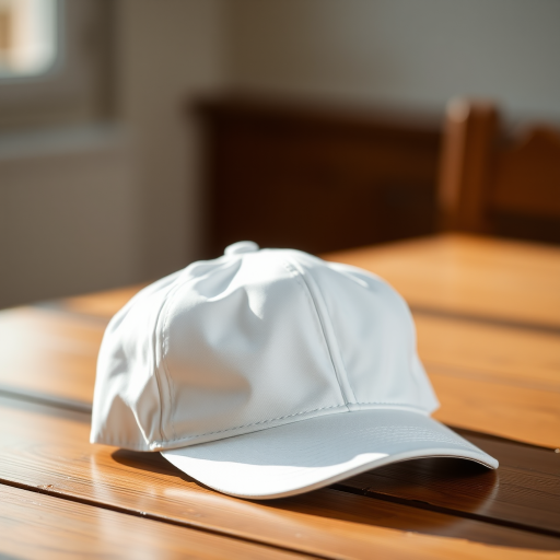 A close-up shot of a blank white cap positioned on a wooden table, natural lighting, aperture f/2.8, ISO 100, shutter speed 1/125 sec, DSLR camera, shallow depth of field.