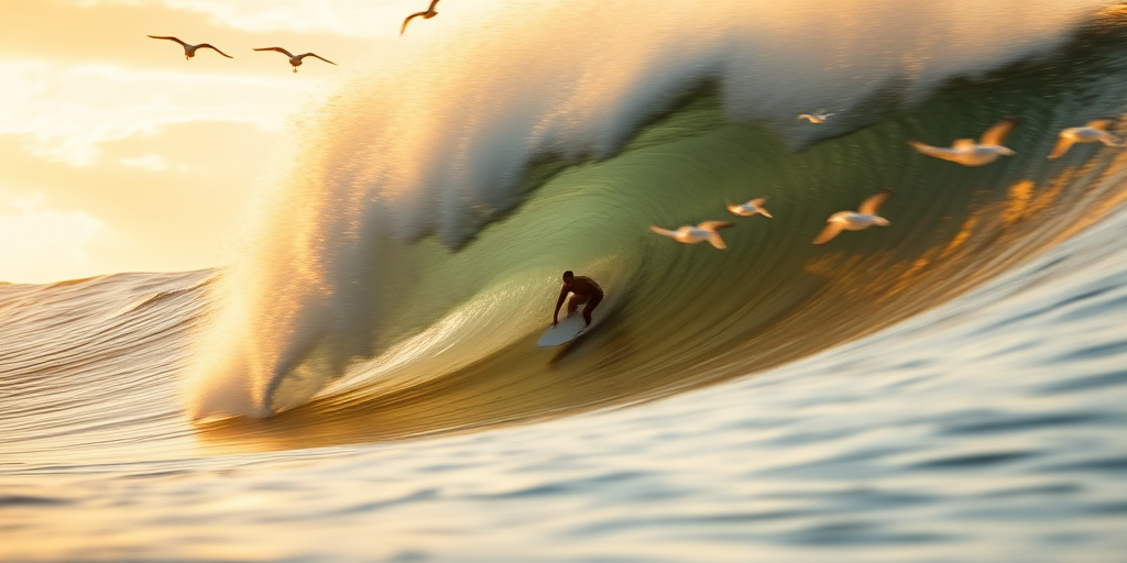 Blurry action shot of a surfer riding a massive wave at sunrise, water spraying into the air, with soft golden light reflecting off the ocean and seagulls flying overhead.