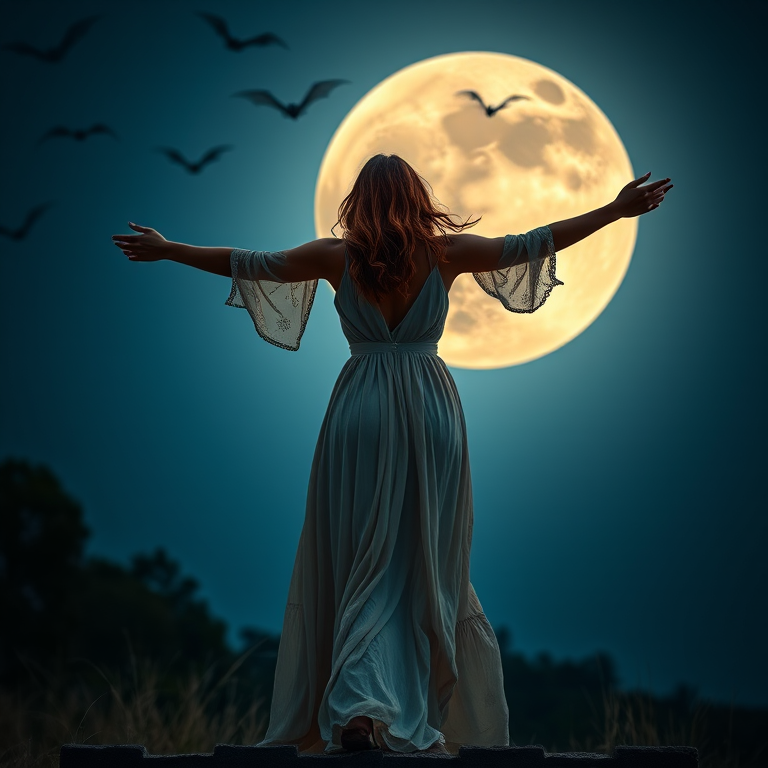 a woman with arms outstretched wearing a flowing dress standing under a full moon with bats flying in the night sky, using a DSLR camera at f/1.8, ISO 200, 50mm lens, low angle view, dusk lighting, and high dynamic range editing for enhanced colors and details
