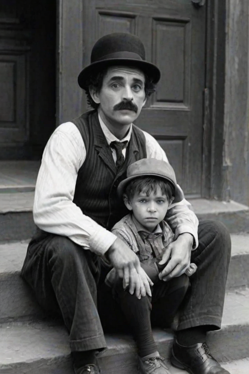 A black-and-white photograph of a man and a child sitting on steps in front of a doorway. The man is dressed as a tramp with a bowler hat, mustache, and ragged clothes, reminiscent of Charlie Chaplin's iconic look. He is sitting with his arms crossed and an expression of slight sadness or frustration. Next to him is a young boy, also in worn clothes and a cap, sitting with his hands clasped, looking thoughtful. The background is an old, textured wall and a partially open door, creating a vintage, early 20th-century atmosphere.