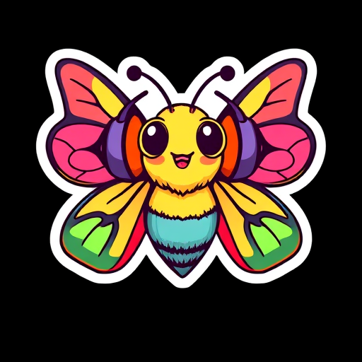 this image is sticker, Happy Colorful Moth wearing Headphones, kawaii, contour, vector, black background
