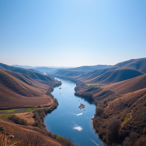 Generate an image of a serene landscape featuring rolling hills and a tranquil river under a clear blue sky, captured with a Canon EOS R5 at f/8, ISO 100, 1/250 sec, using a wide-angle lens for an expansive view and vibrant colors.