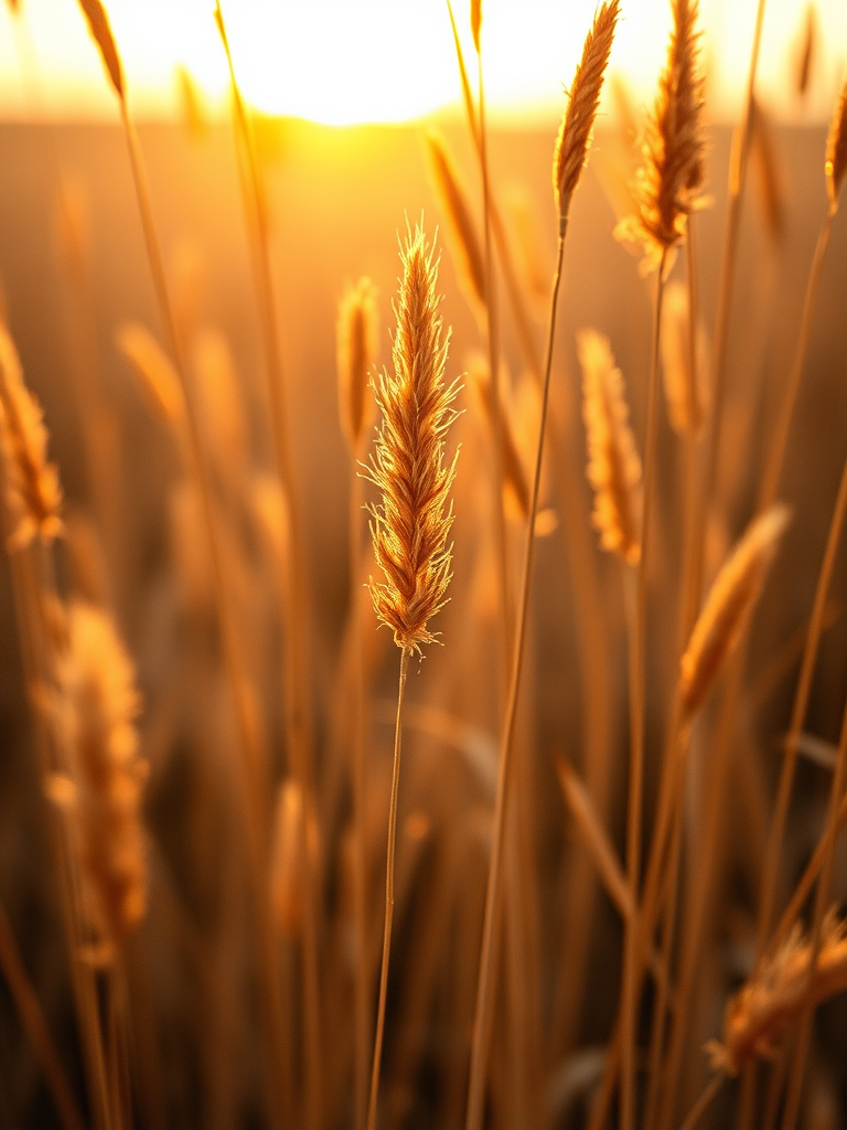 Capture a close-up shot of tall, dry grasses with a shallow depth of field, using a Canon EOS R5, aperture f/2.8, ISO 100, 50mm lens, natural lighting during golden hour for warm tones and enhanced texture.
