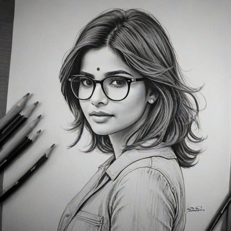 Splendid Samantha Ruth Prabhu, pencil sketch, portrait of Gorgeous woman 1961s in glasses, hair style beatnik, outline, clear lines, fine lines, 8k