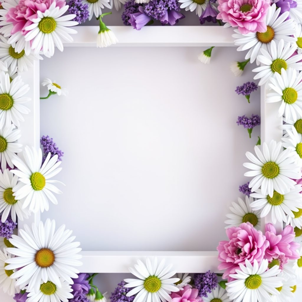 Create a high-resolution image of a blank white frame surrounded by a vibrant floral design featuring white daisies and purple accents, using a DSLR camera with a f/2.8 aperture, ISO 100, 50mm lens, and soft natural lighting for enhanced clarity and color depth.