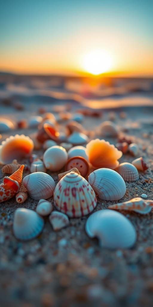 capture a close-up of various seashells on a sandy beach during golden hour with soft, diffused lighting, use a DSLR camera with a 50mm lens, aperture f/2.8, ISO 200, and a low angle perspective to enhance depth and detail in the shells